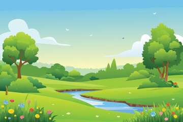 Obraz premium Cartoon Landscape with Winding River Green Hills Trees and Flowers Bright Sky