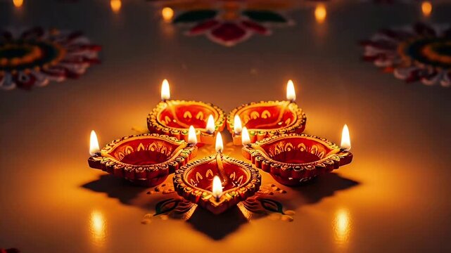 Decorative clay diya lamps glowing in circle arrangement during tamil new year festival celebration warm spiritual indian tradition background