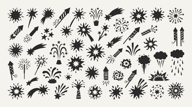 Fireworks celebration silhouette collection. Black icons set - rocket, starburst, spark fountain, explosion comet, flare. Vector linocut style minimalist design elements.