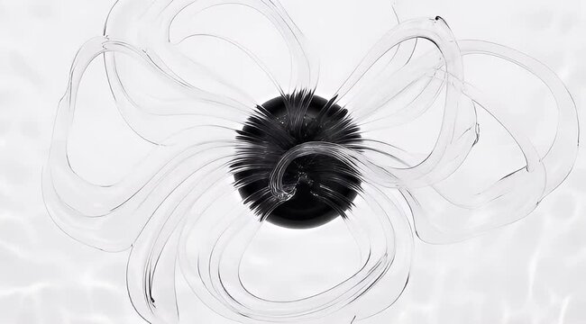 Abstract black glass center with swirling transparent tendrils forming a flower shape