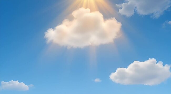 Radiant sunlight shining through fluffy clouds in a serene blue sky