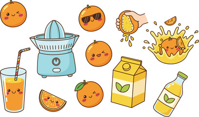 Cute kawaii orange juice characters set with electric juicer and citrus slices for healthy beverage and cafe branding