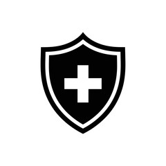 Obraz premium Black Shield with White Cross Icon - Medical Health Security and Protection Symbol