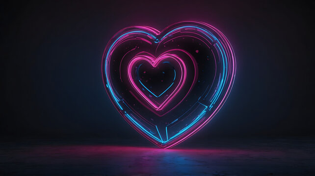 Digital Neon Heart Shapes Glowing In Dark Space With Vibrant Colors And Abstract Design