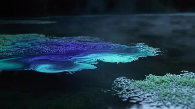 Mysterious bioluminescent algae bloom illuminates dark waters from below the surface in a serene nighttime environment