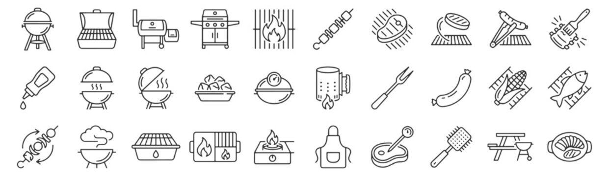 BBQ cooking methods line icon set. Kettle charcoal grill, gas cart barbecue, smoker barrel, kebab skewer, steak grate, chimney starter outline vector illustrations. Signs for grilling food.
