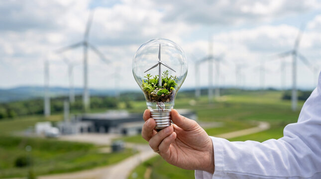 Hand holds light bulb with green plant and wind turbine inside. Background shows wind farms under cloudy sky