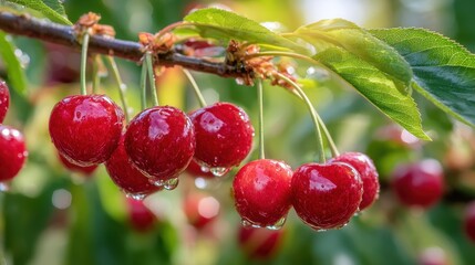 Obraz premium Ripe tart cherries on a cherry tree bathed in sunlight amid lush green foliage