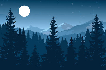 Moonlit Night Forest Landscape with Pine Trees and MountainsStock Illustration © MAYENUDDIN