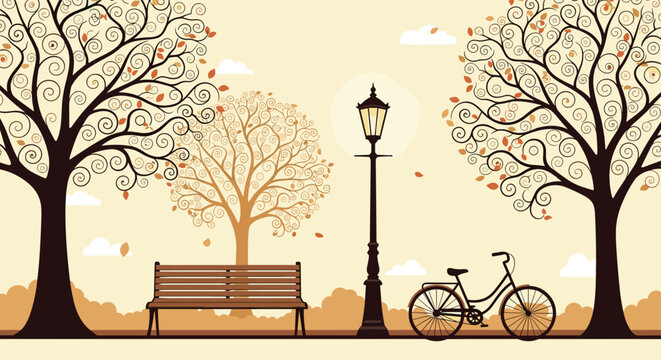 Stylized autumn park scene with ornate swirly trees, a bench, a classic lamppost, and a bicycle, all rendered in a warm, monochromatic sepia tone.