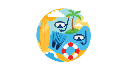 Fototapeta premium Circular concept illustration filled with summer vacation and water sports equipment, including a surfboard, snorkel mask, fins, and a lifebuoy on a beach.