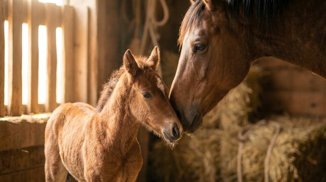 Tender moment between mare and foal in rustic barn setting
