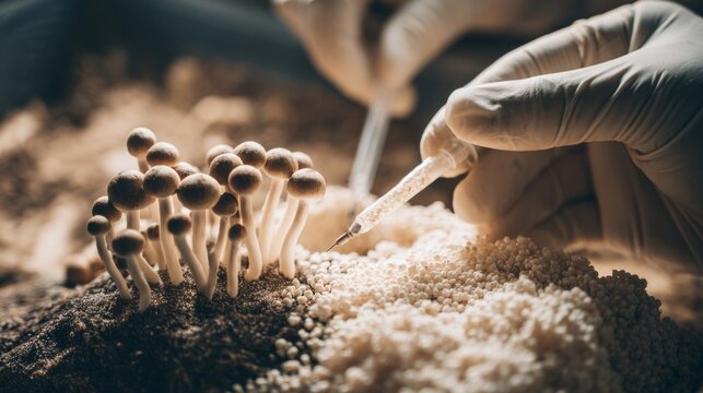 A mushroom cultivator injecting grain spawn into a sterilized substrate a laboratory inoculation chamber.