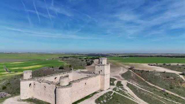Aerial drone view of the medieval Castle of Barcience in Toledo Spain