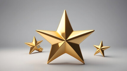 Obraz premium Three Shiny Gold Stars of Different Sizes Displayed on a Simple Grey Background