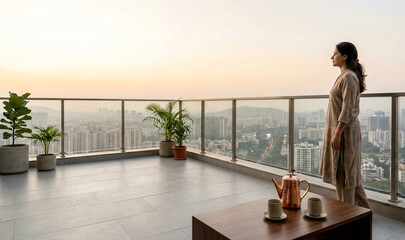 Fototapeta premium Elegant woman enjoying peaceful sunset view from modern luxury balcony.