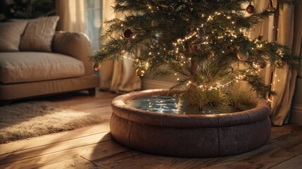 Fototapeta premium Seasonal centerpiece: Christmas tree in a durable base stand set on a wooden floor in a welcoming home