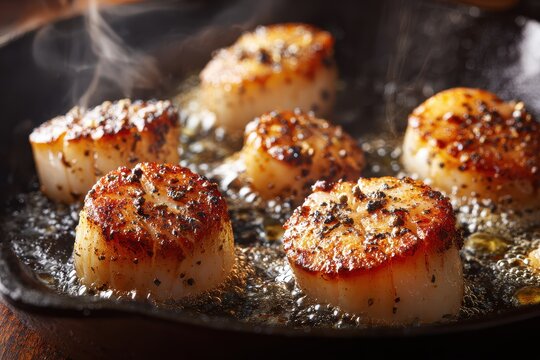Selective focus close-up of buttery seared scallops in a hot cast iron skillet