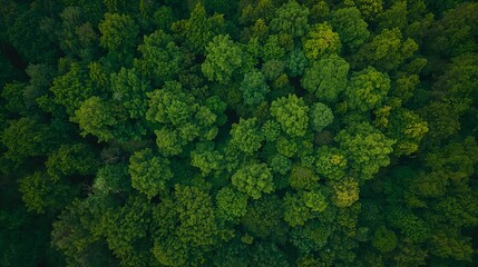 Aerial view of a lush green forest, capturing the tops of trees from above. The forest canopy is dense with leaves, creating a textured surface. The scene is bathed in natural daylight.