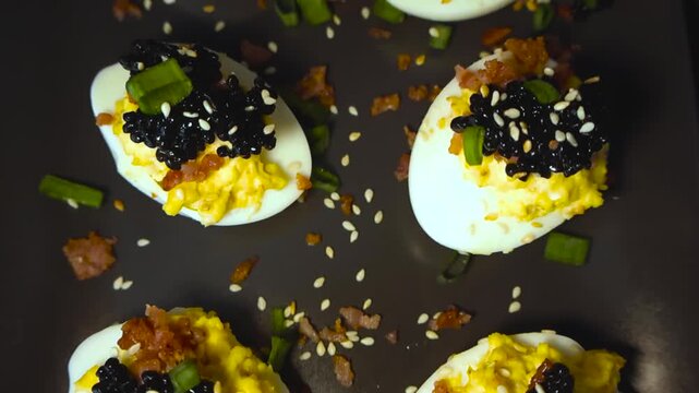 Overhead cinematic glide across gourmet deviled eggs topped with black caviar, bacon crumble, sesame seeds and fresh herbs on dark plate.