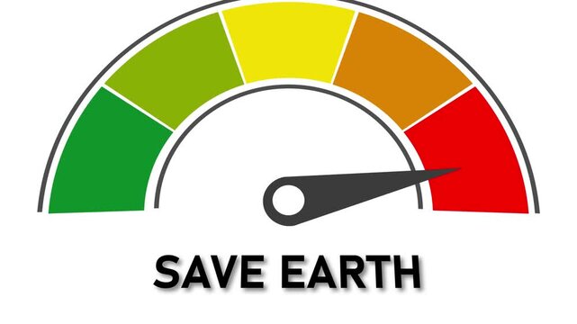 Save Earth risk meter with needle pointing to red zone on white background gauge indicator