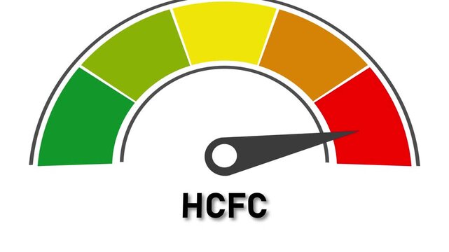 HCFC gauge with needle pointing to red indicating high level on white background HCFC meter