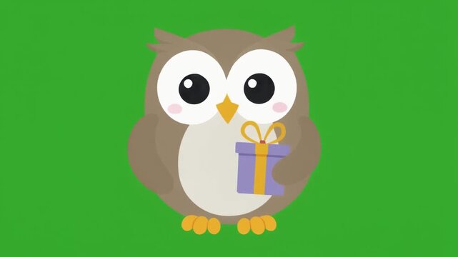 Cute cartoon owl holding a purple gift box with a yellow ribbon on a vibrant green background.
