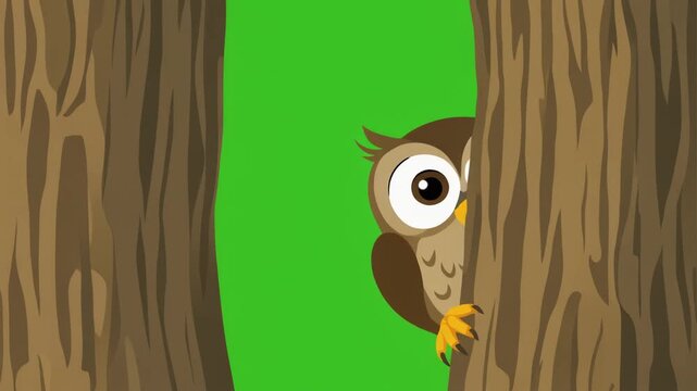 Cartoon owl peeking from behind a tree trunk with a bright green background.