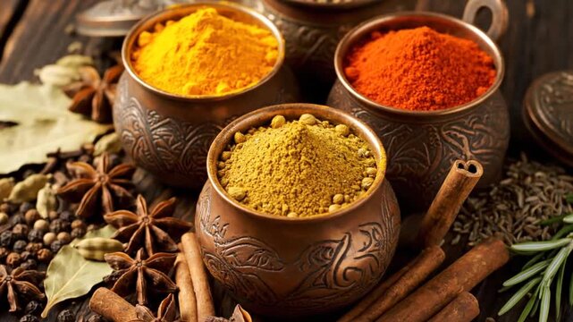Assorted Spices in Decorative Bronze Bowls.