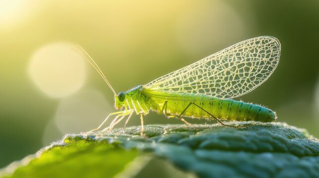 Brilliant macro photograph showcases a delicate lacewing insect perched upon a dewy green leaf bathed in soft golden morning sunlight.