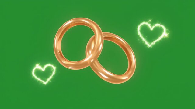 Two golden wedding rings interlocked with sparkling heart outlines on a vibrant green background, symbolizing love, marriage, and commitment.