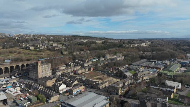 Aerial Drone footage of the industrial village of Milnsbridge, West Yorkshire, Huddersfield 