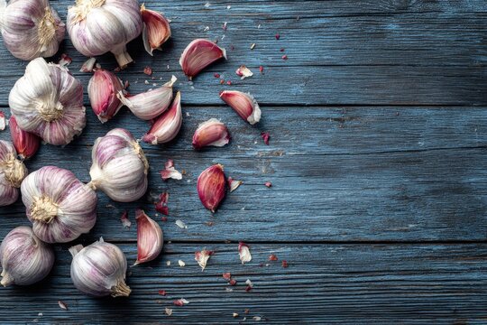 Overhead view of garlic bulbs and cloves scattered on weathered blue wood