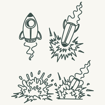 Collection of hand drawn doodle style illustrations featuring rocket launches, crashes, and explosions. Represents concepts of startup success, business failure, system error, or space exploration