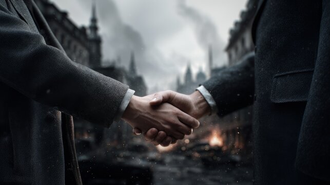 close up of handshake of politicians in war background