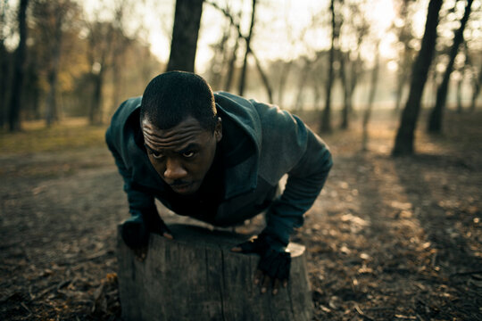 Athletic man doing push-ups on tree stump in forest park