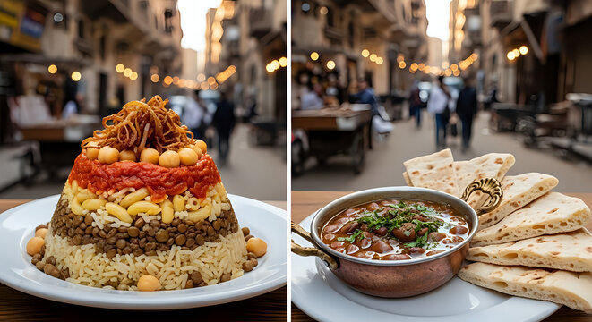 Delicious Egyptian koshari and ful medames with pita bread on table