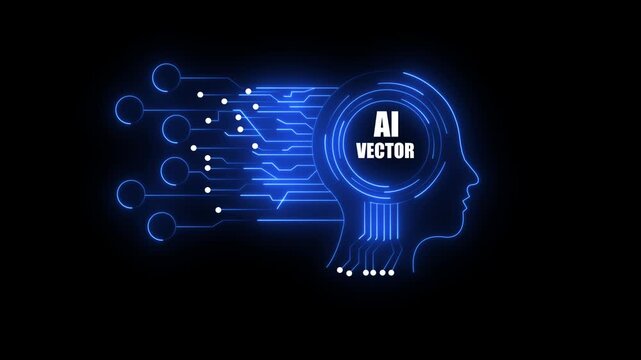 Glowing neon blue human head silhouette with AI VECTOR text inside digital circuit brain representing artificial intelligence and advanced technology.
