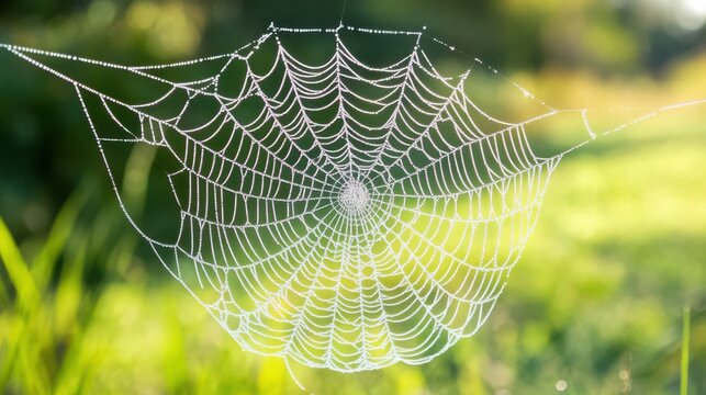 Intricate circular spiderweb densely covered in sparkling morning dew drops against a soft vibrant green natural background bokeh illumination