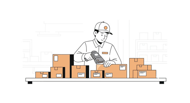 Worker packing parcels in warehouse shipping station