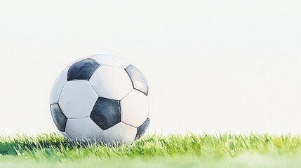 Fototapeta premium Watercolor illustration of soccer ball on grass on white background, suitable for decorating Boy room