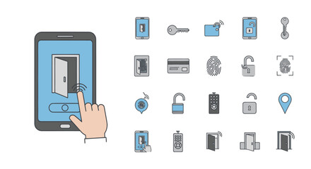 Smart Home Security Icons: Fingerprint, Key, Door, Card, App Control