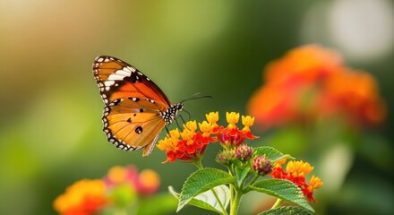 Obraz premium Vibrant butterfly on colorful flowers in garden