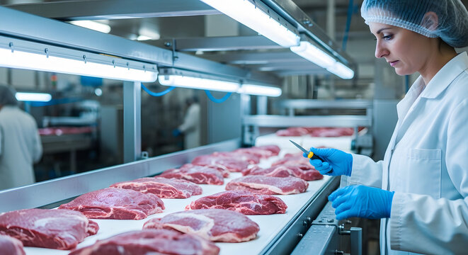 a woman in a white lab coat inspecting meat on a conveyor belt in a factory setting with fluorescent