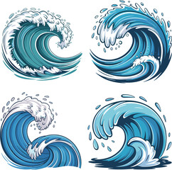 Blue ocean sea waves vector set, splashing water surf elements, hand drawn nautical curls, comic style illustration