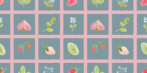 Watercolor seamless pattern with strawberries, leaves, berries and ladybug in a modern grid layout on dark background. Perfect for textiles, wallpaper, packaging and decorative design. © SophieMyWatercolor