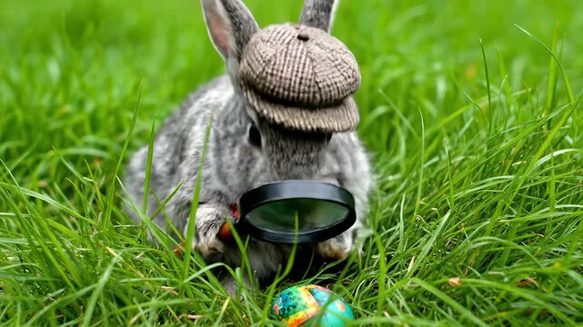 Funny Easter bunny dressed as a detective with a magnifying glass and tweed hat searching for colorful eggs in green grass. Creative Sherlock Holmes parody concept.