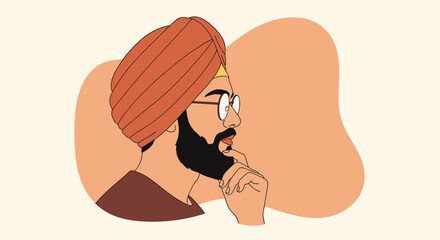 Naklejka premium Profile view of a pensive man wearing a traditional orange turban and glasses while resting his hand on his chin in deep thought.
