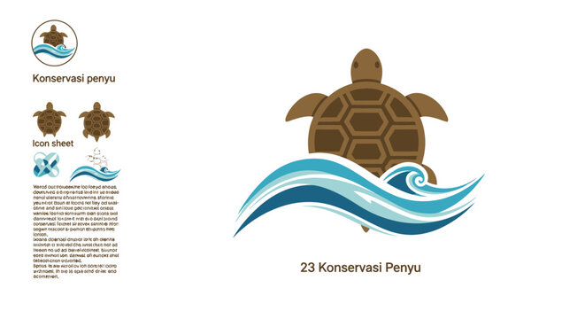 Sea Turtle Conservation Logo with Waves and Icon Sheet