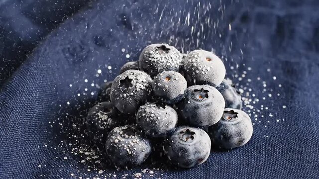 Frozen Blueberries with Falling Sugar Particles on Blue Fabric Background for Healthy Food Concept